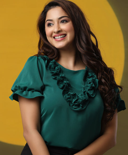 Frilled Vneck Solid Green Chiffon Top